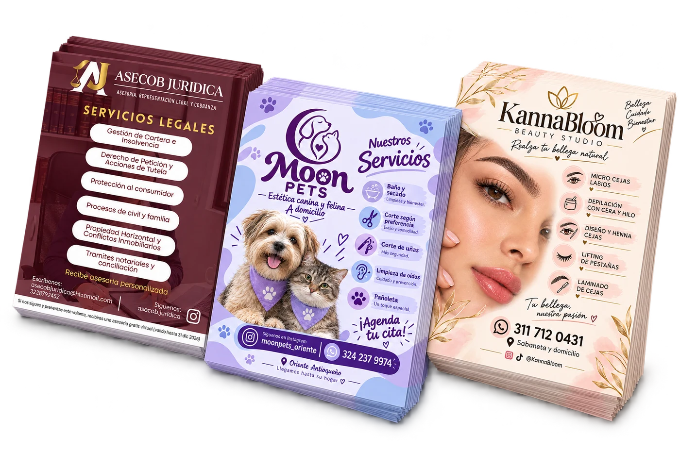 Volantes Asecob Jurídica, Moon Pets y KannaBloom